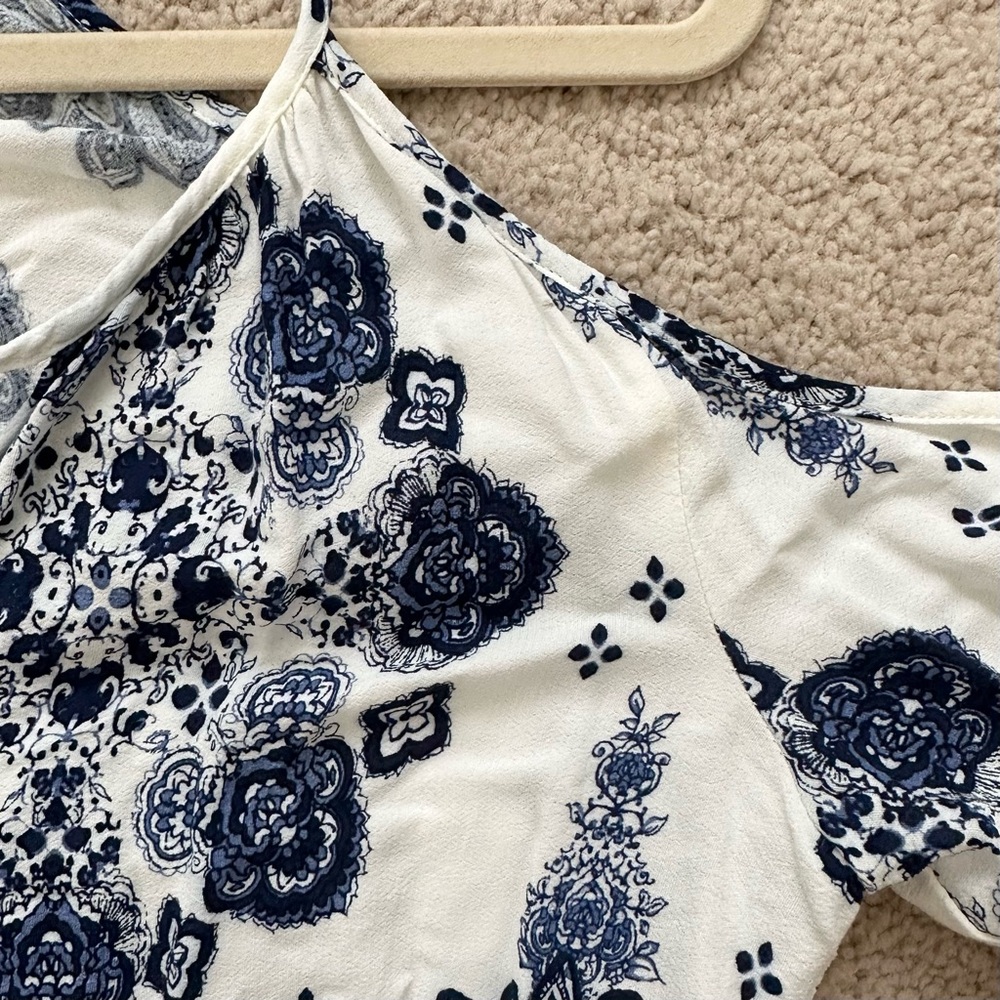 Blue & White Floral Paisley Print Boho Festival Cutout Dress - Picture 7 of 17